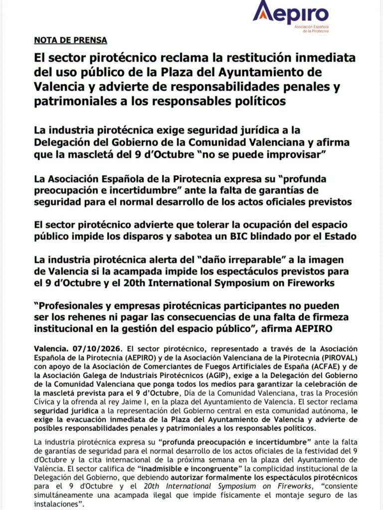🚨 El sector pirotécnico reclama la restitución inmediata del uso público de la Plaza del Ayuntamiento de Valencia y advierte de responsabilidades penales y patrimoniales.